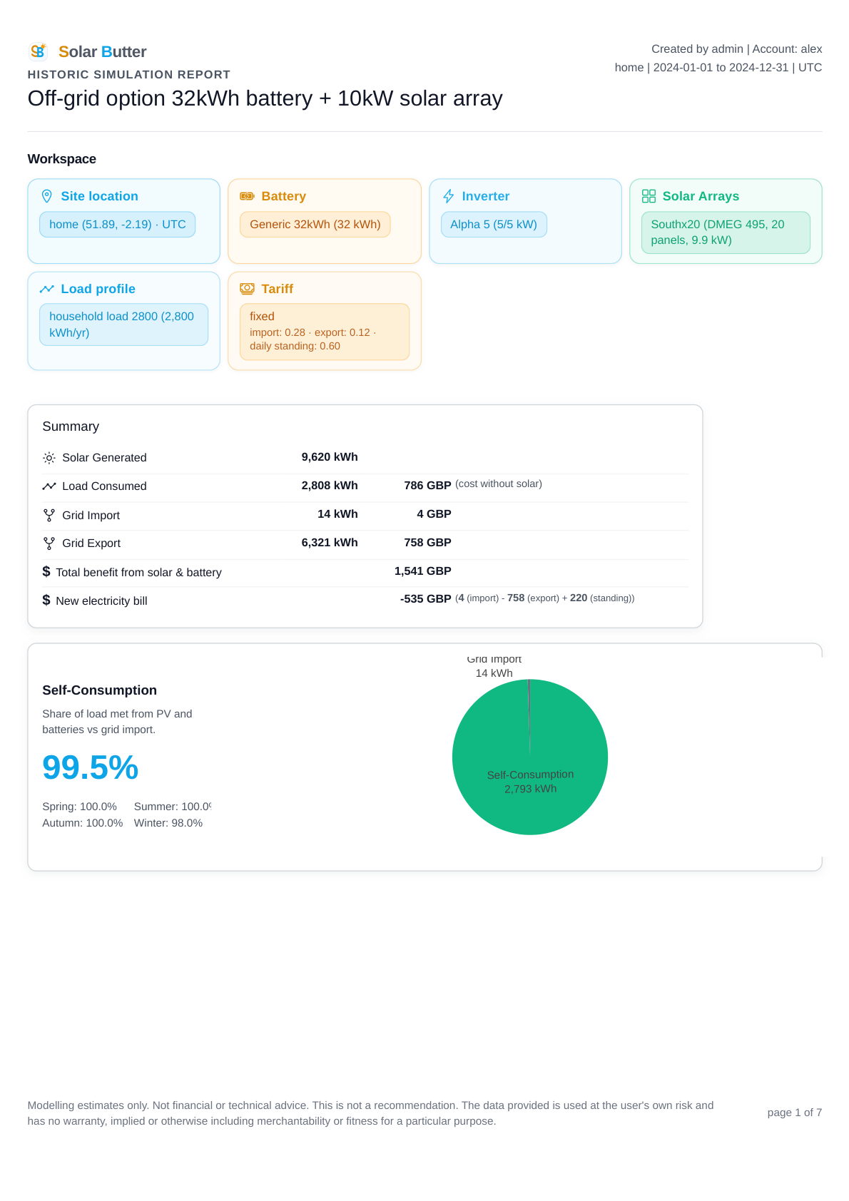 Scenario 2 report page 1 showing the 32 kWh battery with the same 10 kW solar array.