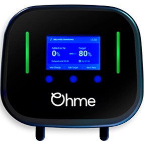 Ohme Home Pro tethered EV charger with integrated display and charging cable.