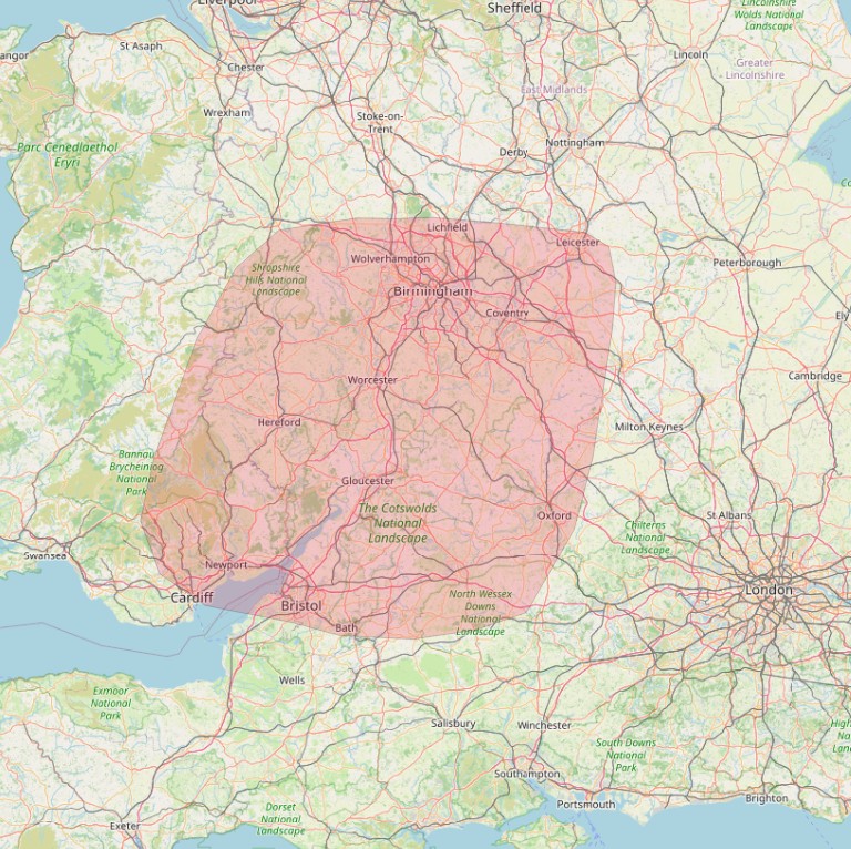 Map showing the Solar Butter service area across Gloucestershire and the surrounding areas.